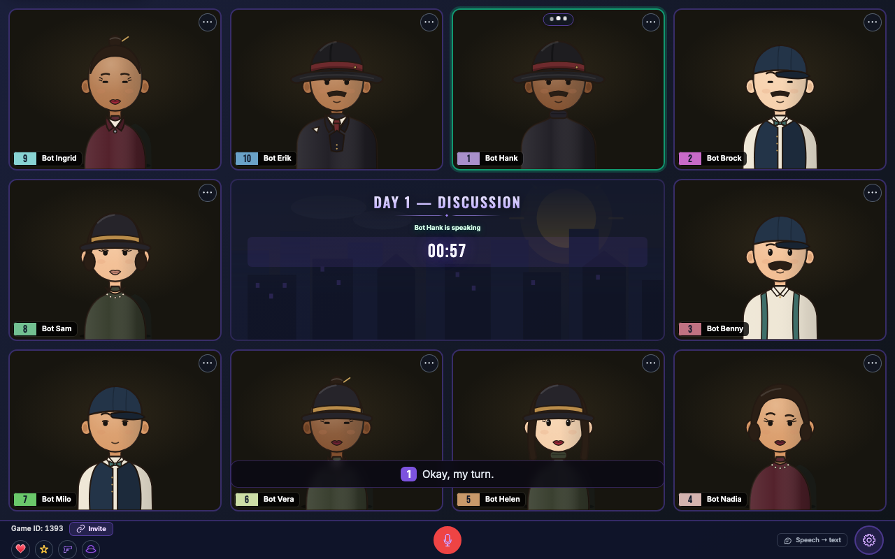 Max Mafia Online 的游戏桌，座位上是 AI 玩家；一个机器人头顶的圆点表示它正在准备发言。